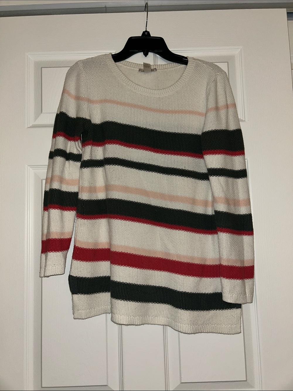 LOFT Cream Sweater with Black, Red and Peach Stripes
